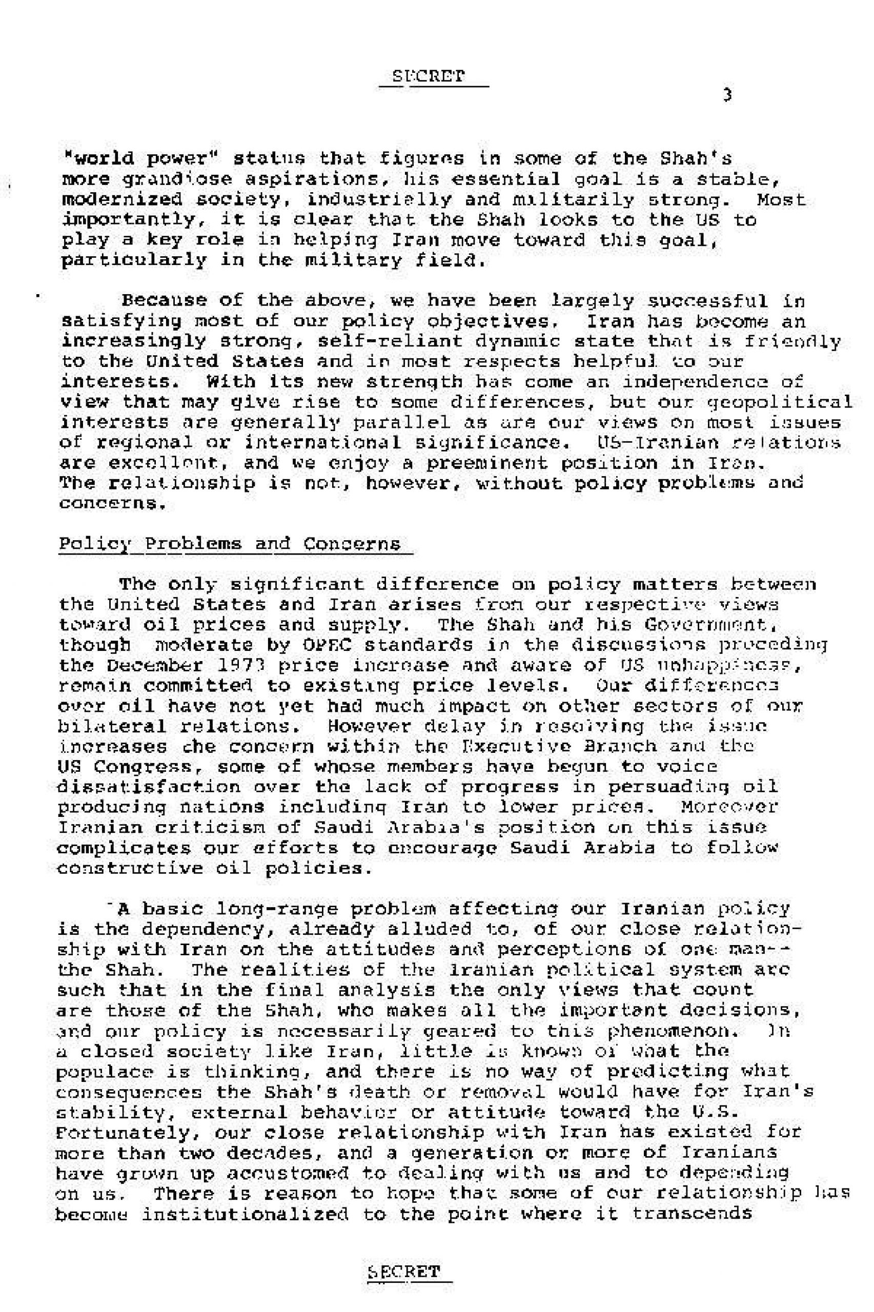 گزارش تحلیلی از ارتباط سیاسی نظامی و اقتصادی و فرهنگی آمریکا با ایران  سال 1974