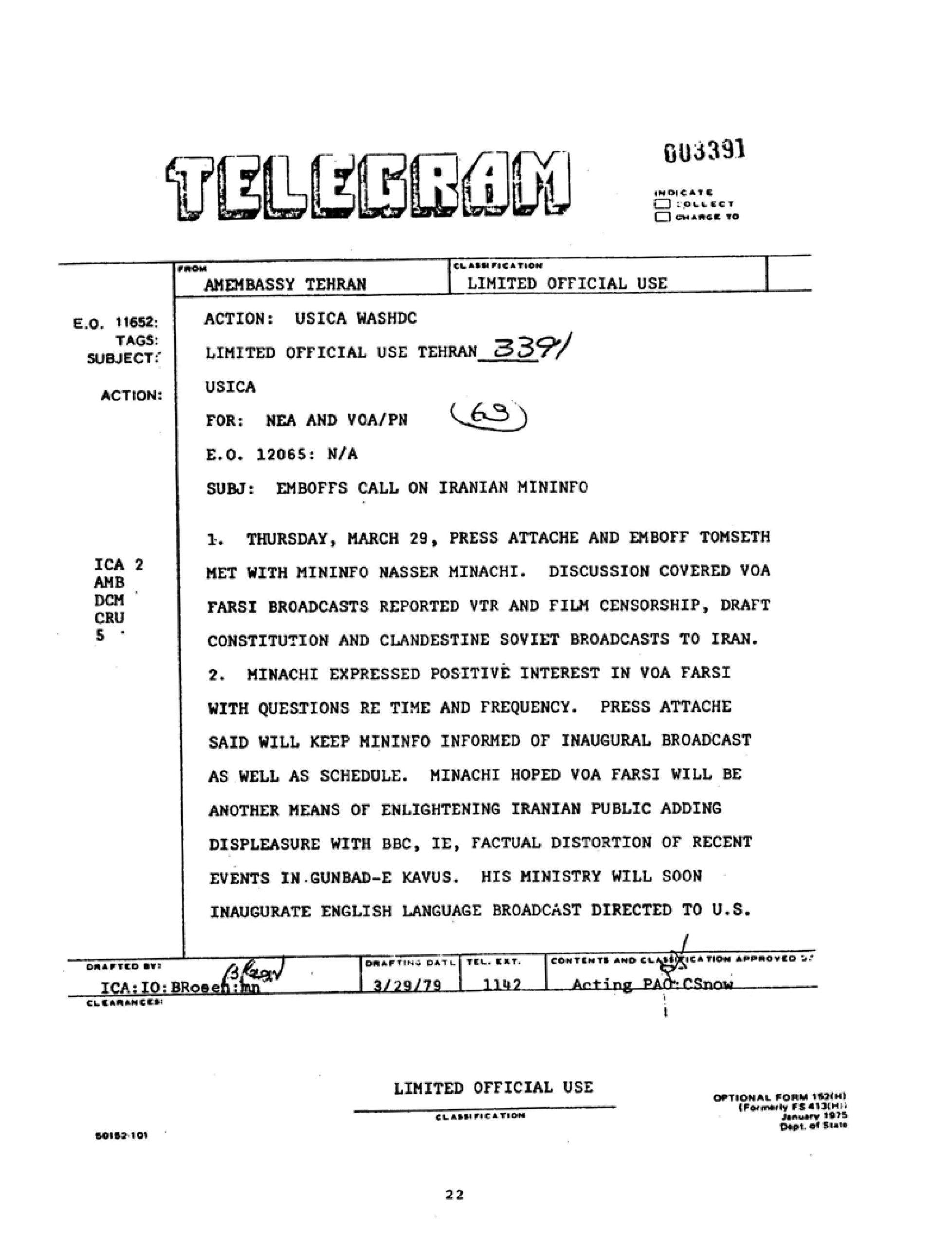 دیدار کارمند سفارت با میناچی وزیر ارشاد دولت موقت