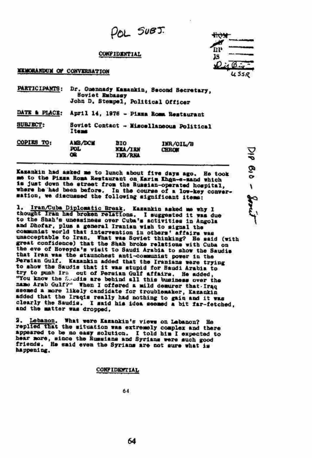 گزارش مسائل مختلف منطقه ای در مورد ارتباط با شاه و شوروی