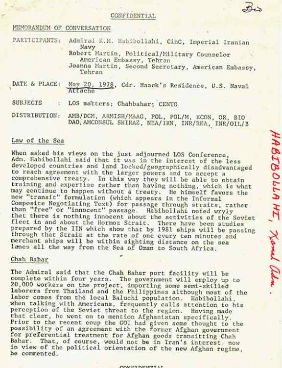 دیدگاه دریاسالار کمال الدین میرحبیب اللهی، فرمانده کل نیروی دریایی ایران در مورد مسائل LOS،چاه بهار و سنتو