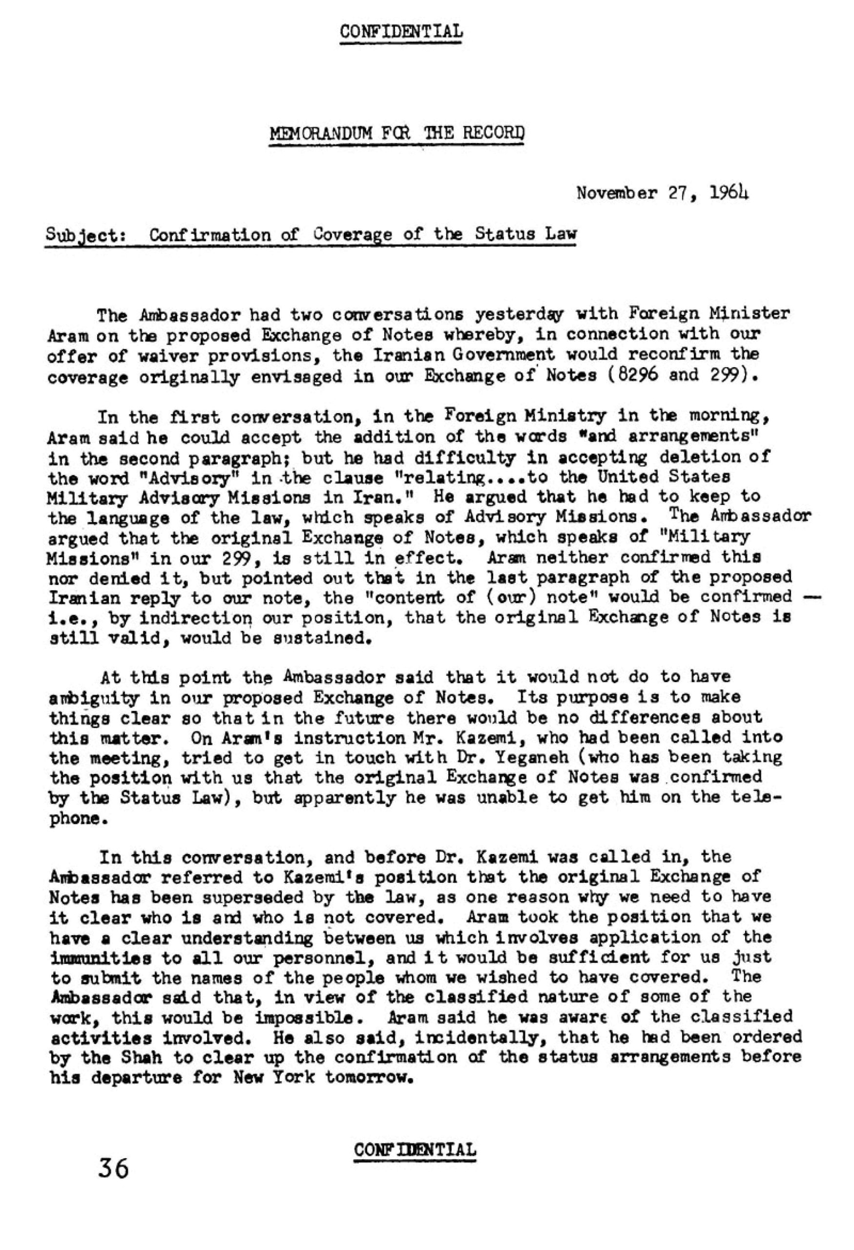 گفتگو با وزیر خارجه ایران پیرامون تأیید بسط شمول کاپتولاسیون