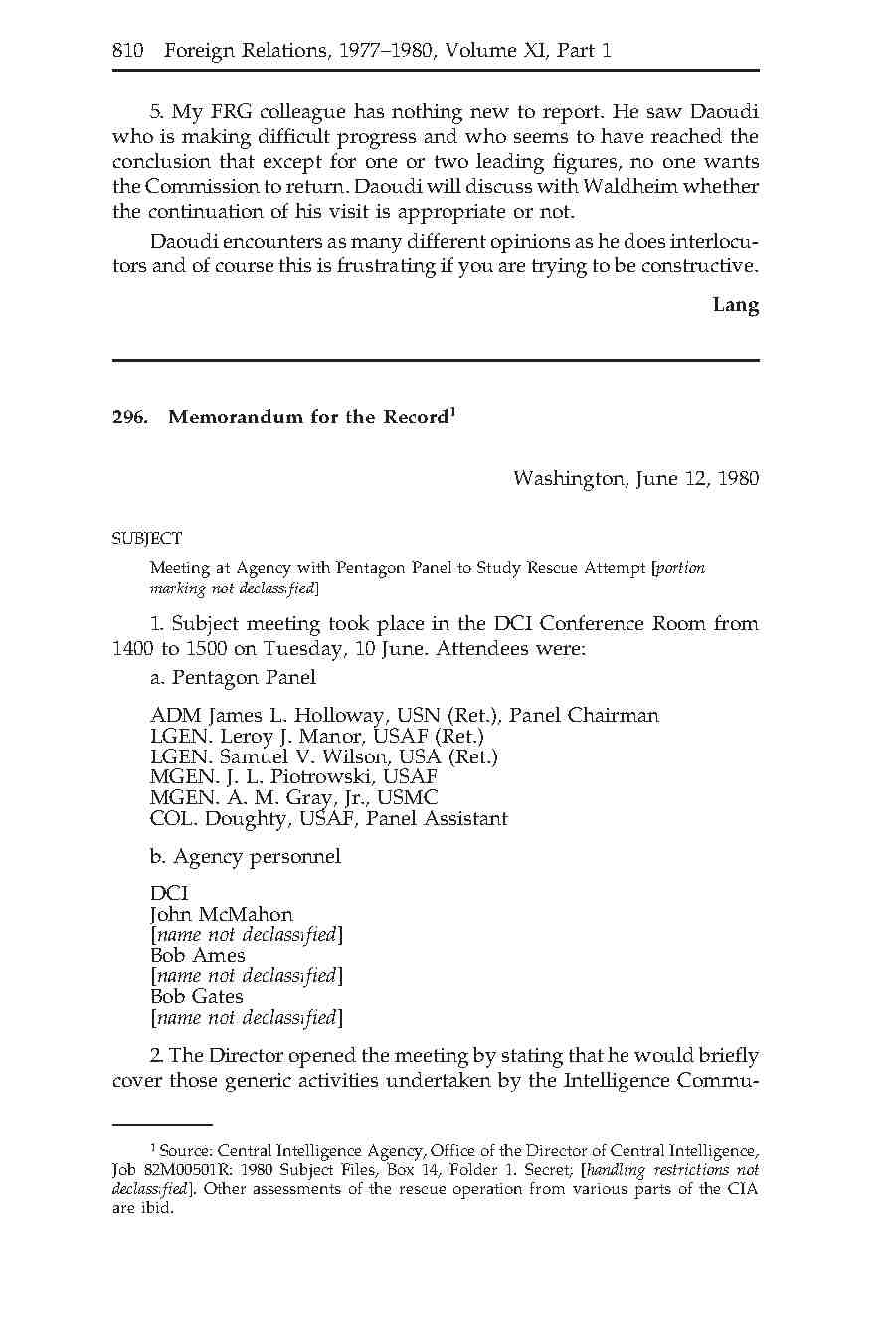 296- جلسه در سازمان سیا با اعضای هیئت اعزامی پنتاگون برای تحقیق دربارۀ عملیات نجات
