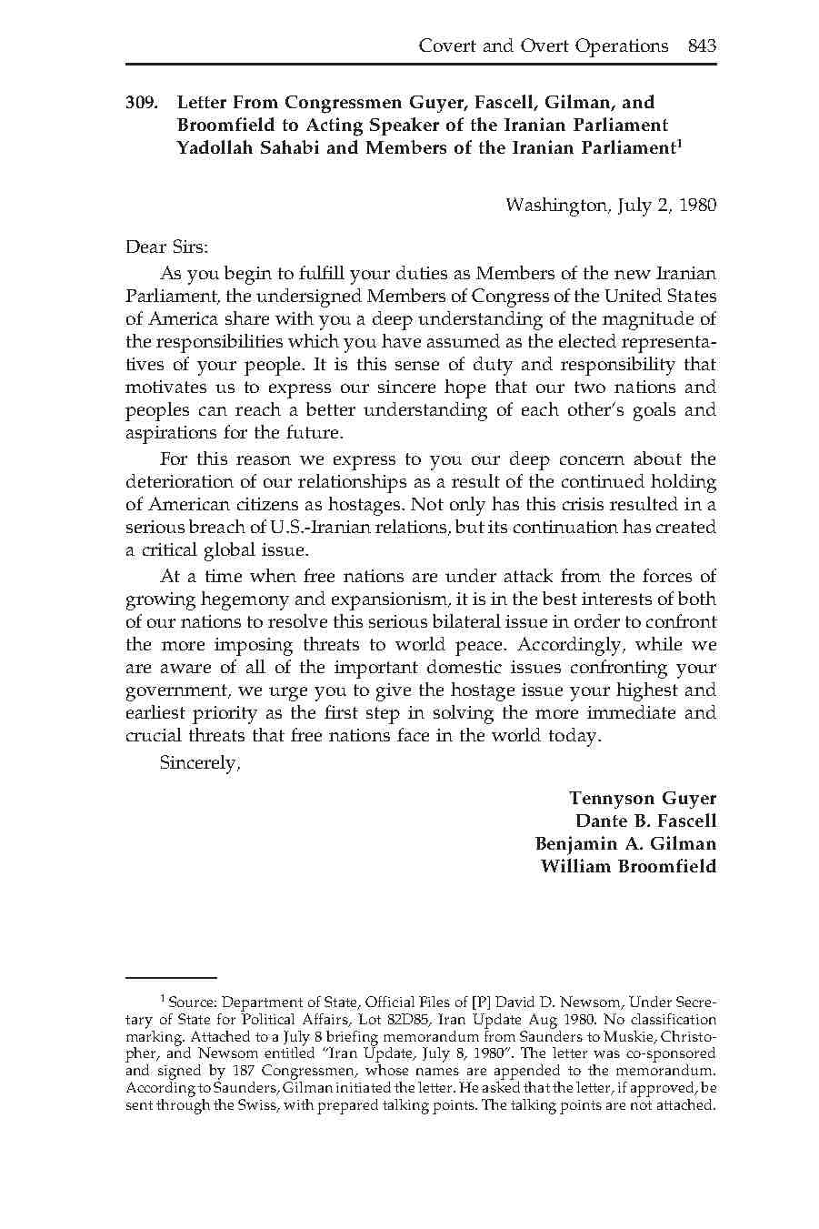 309- نامه اعضای کنگره خطاب به رئیس موقّت مجلس ایران، یدالله سحابی و اعضای مجلس